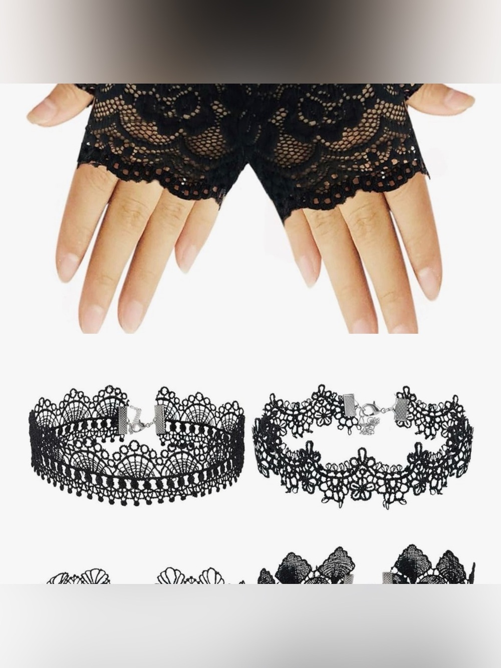 Black Lace Fingerless Gloves and Black Lace Chokers (Set of 6)